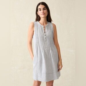Faherty Isha Blue Mini Stripe Dress 100% Linen